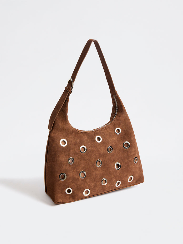 Westside Brown Eyelet-Detail Suede Shoulder Bag