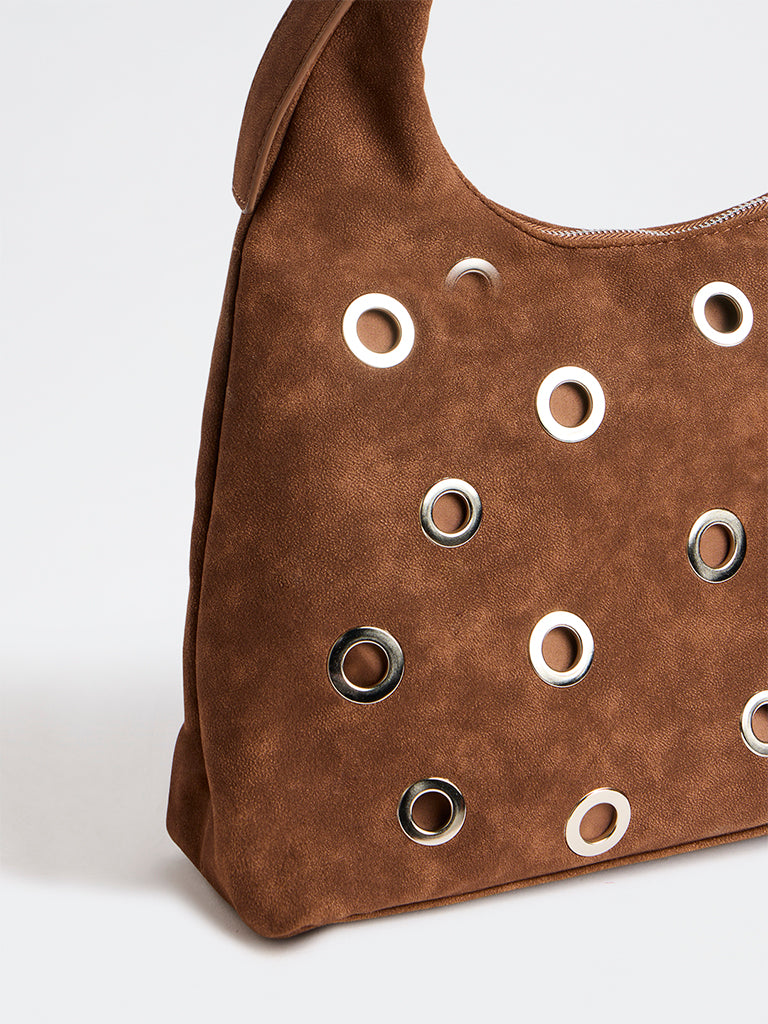 Westside Brown Eyelet-Detail Suede Shoulder Bag