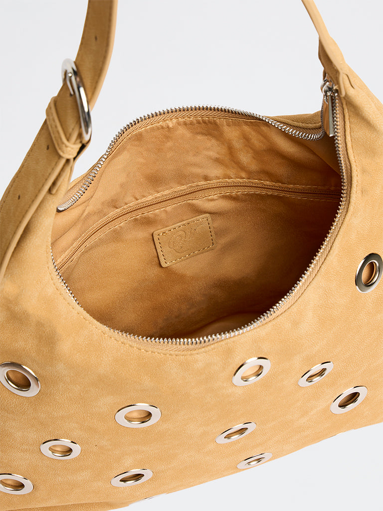 Westside Light Mustard Eyelet-Detail Suede Shoulder Bag
