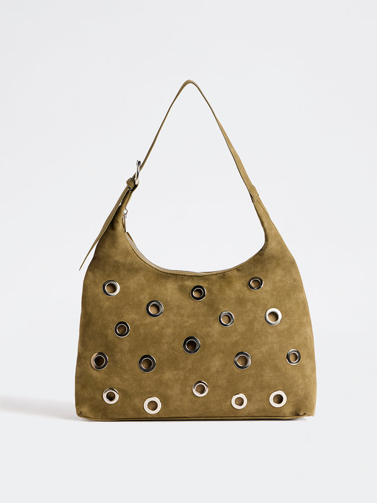 Westside Olive Eyelet-Detail Suede Shoulder Bag
