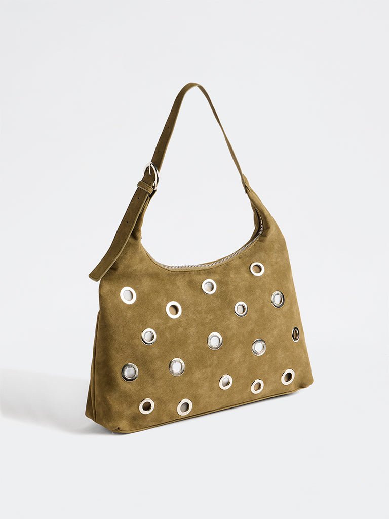 Westside Olive Eyelet-Detail Suede Shoulder Bag