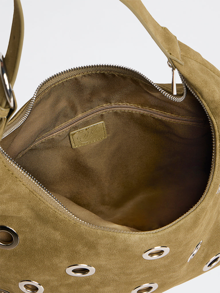Westside Olive Eyelet-Detail Suede Shoulder Bag
