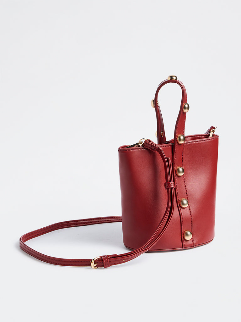 Westside Red Stud-Detail Bucket Sling Bag