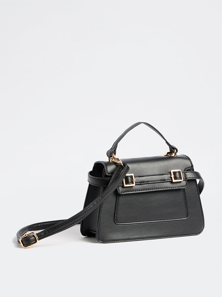 Westside Black Buckle-Detail Trapezium Crossbody Sling Bag