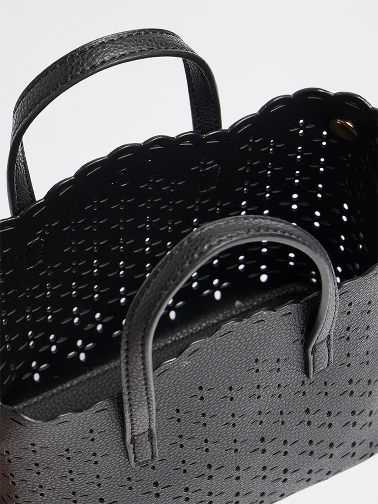 Westside Black Floral Laser-Cut Crossbody Sling Bag