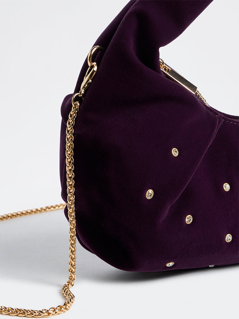 Westside Purple Embellished Velvet Shoulder Bag with Sling Handle