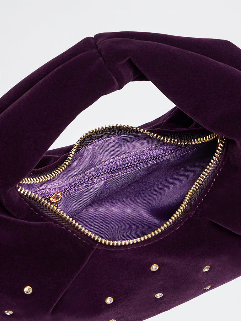 Westside Purple Embellished Velvet Shoulder Bag with Sling Handle