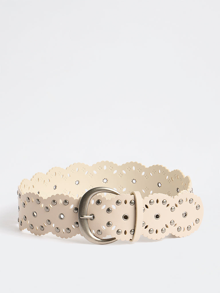 Westside Accessories Light Beige Studded Wide C-Buckle Belt