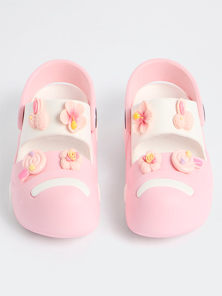 Yellow Pink Floral-Applique Clogs