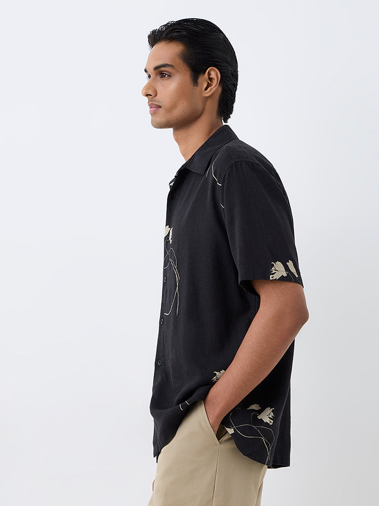 Ascot Black Floral Printed Relaxed-Fit Linen-Blend Shirt