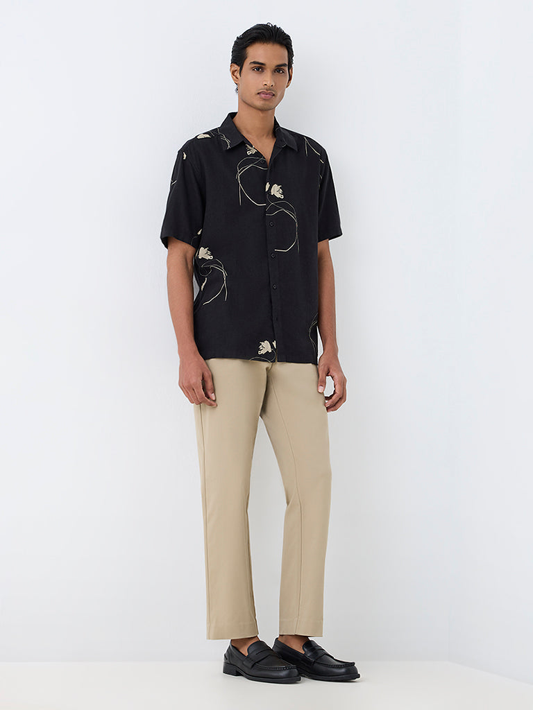 Ascot Black Floral Printed Relaxed-Fit Linen-Blend Shirt