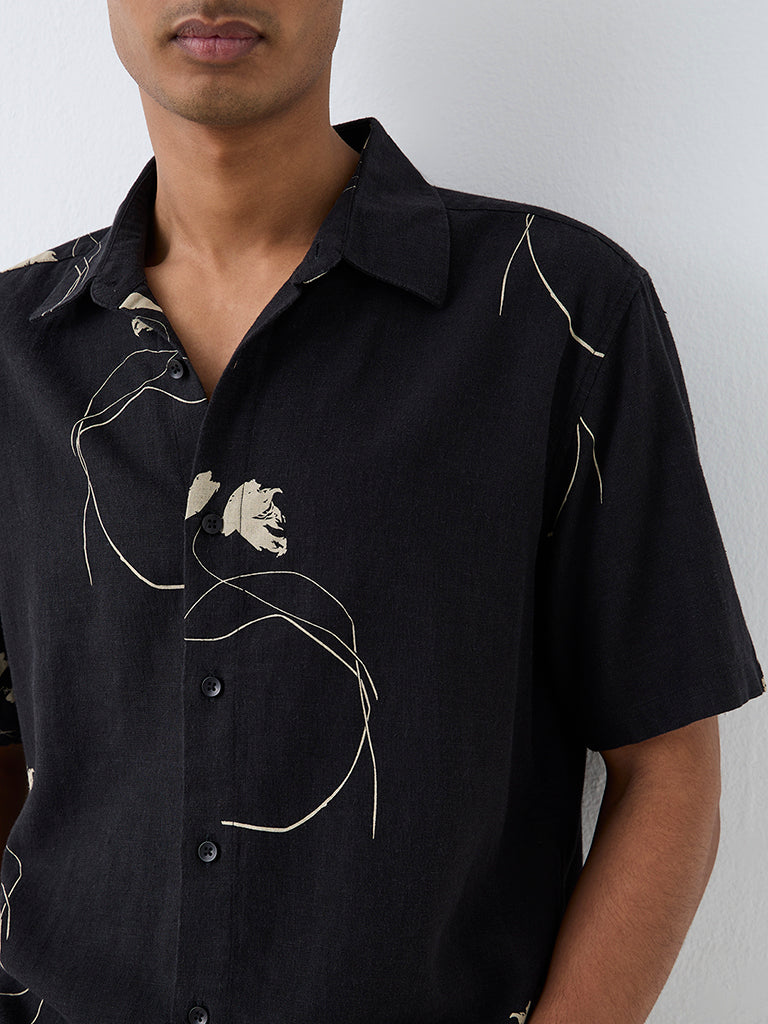 Ascot Black Floral Printed Relaxed-Fit Linen-Blend Shirt