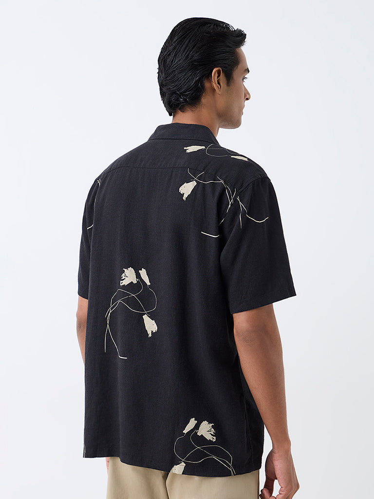 Ascot Black Floral Printed Relaxed-Fit Linen-Blend Shirt
