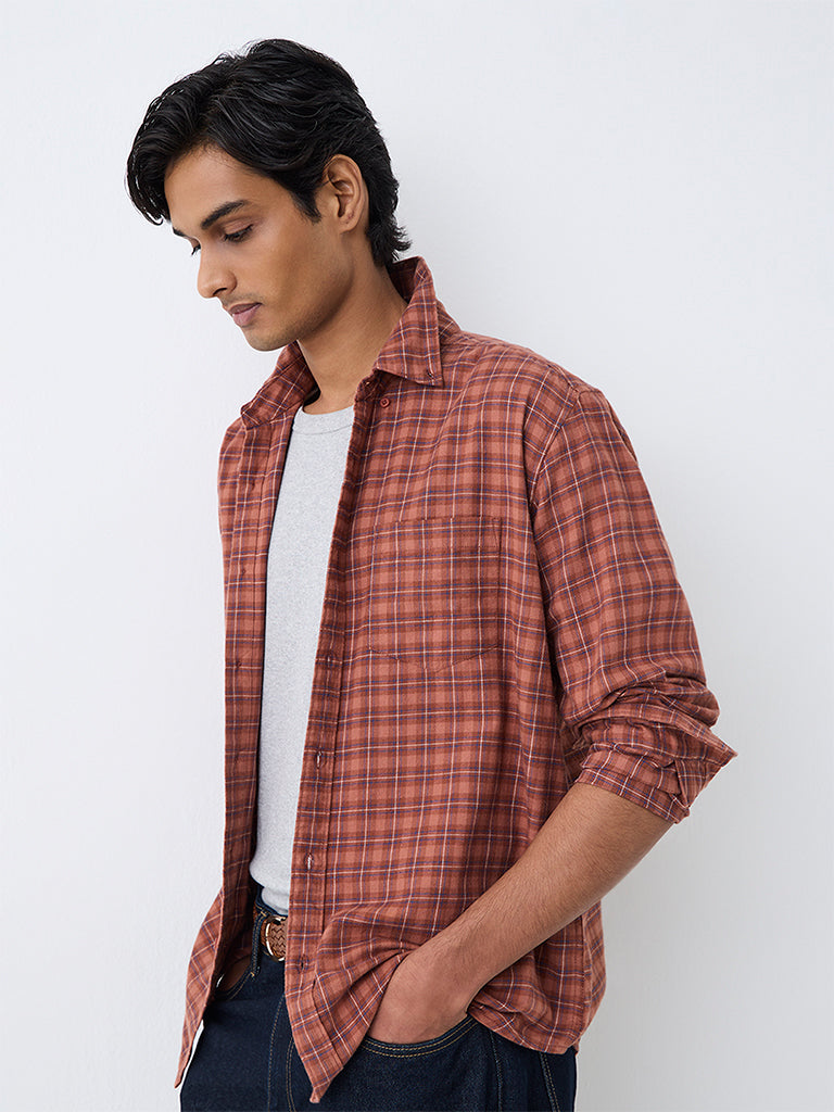 WES Casuals Rust Checkered Relaxed-Fit Cotton Shirt
