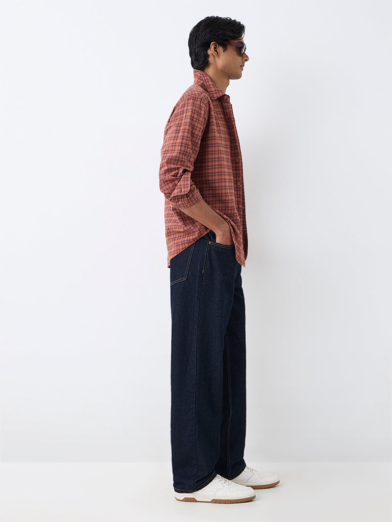 WES Casuals Rust Checkered Relaxed-Fit Cotton Shirt
