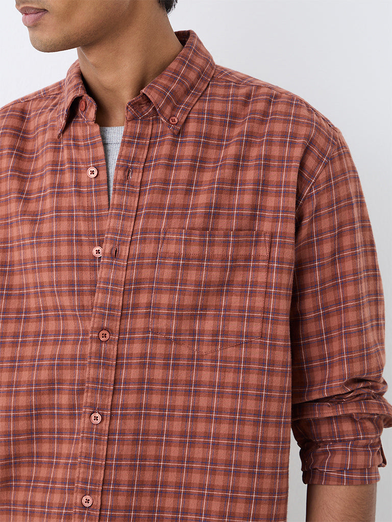WES Casuals Rust Checkered Relaxed-Fit Cotton Shirt