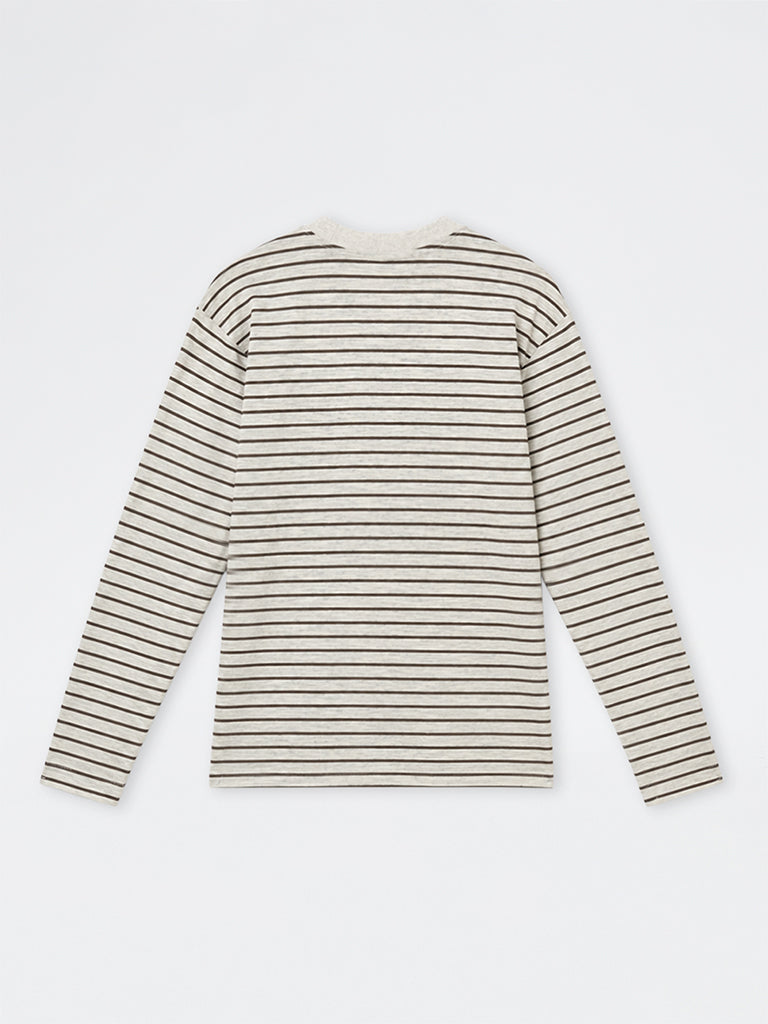WES Casuals Grey Striped Relaxed-Fit Cotton-Blend T-Shirt