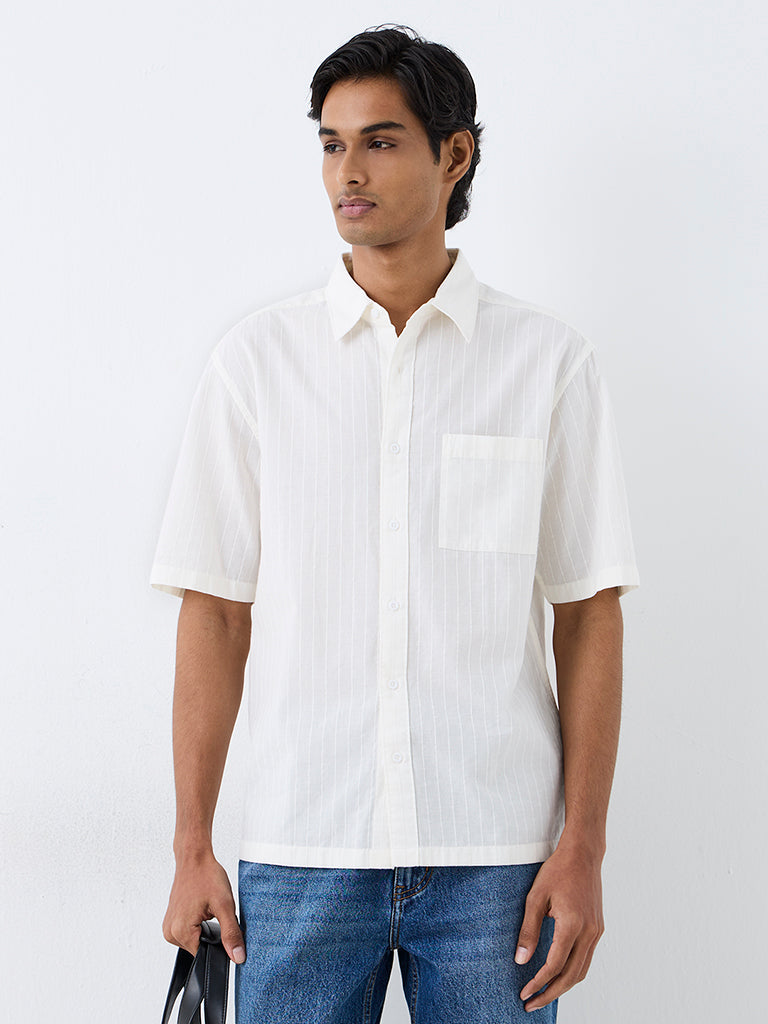 WES Casuals Off-White Striped Relaxed-Fit Cotton Shirt