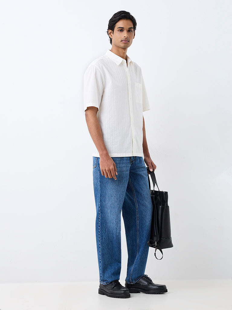 WES Casuals Off-White Striped Relaxed-Fit Cotton Shirt