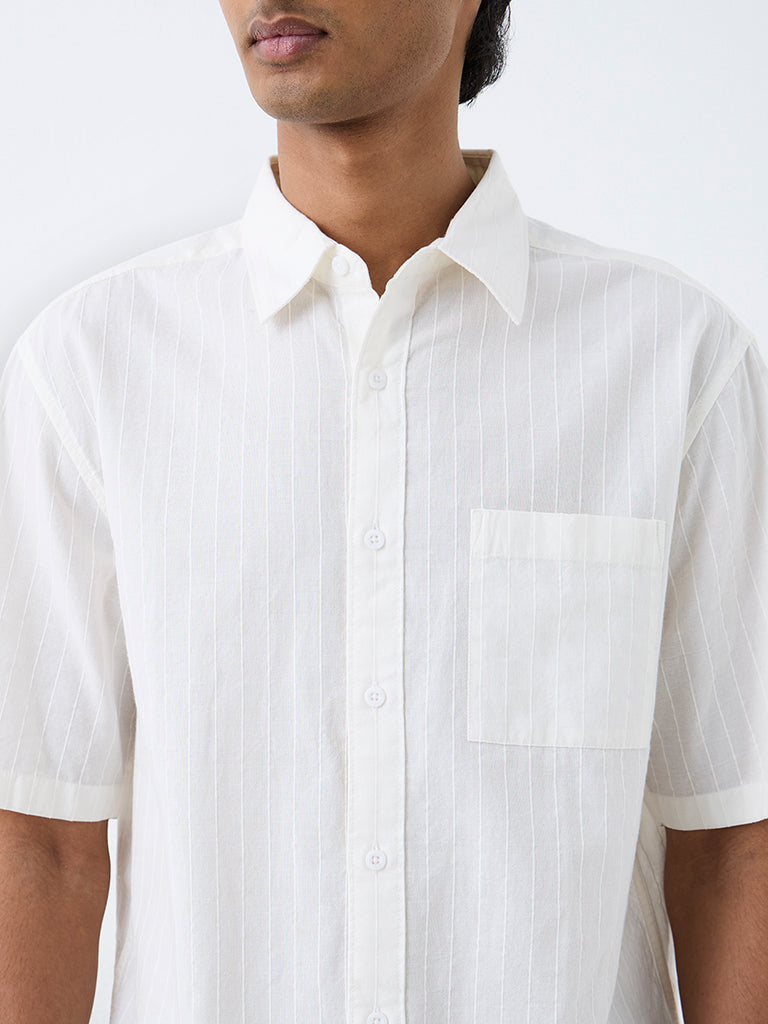 WES Casuals Off-White Striped Relaxed-Fit Cotton Shirt