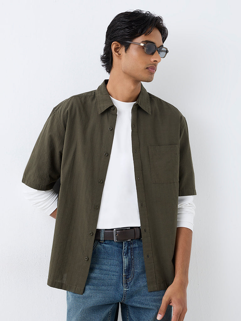 WES Casuals Dark Olive Striped Relaxed-Fit Cotton Shirt