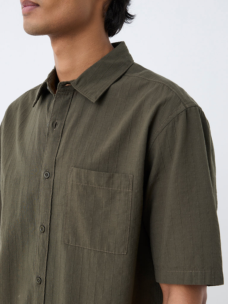 WES Casuals Dark Olive Striped Relaxed-Fit Cotton Shirt
