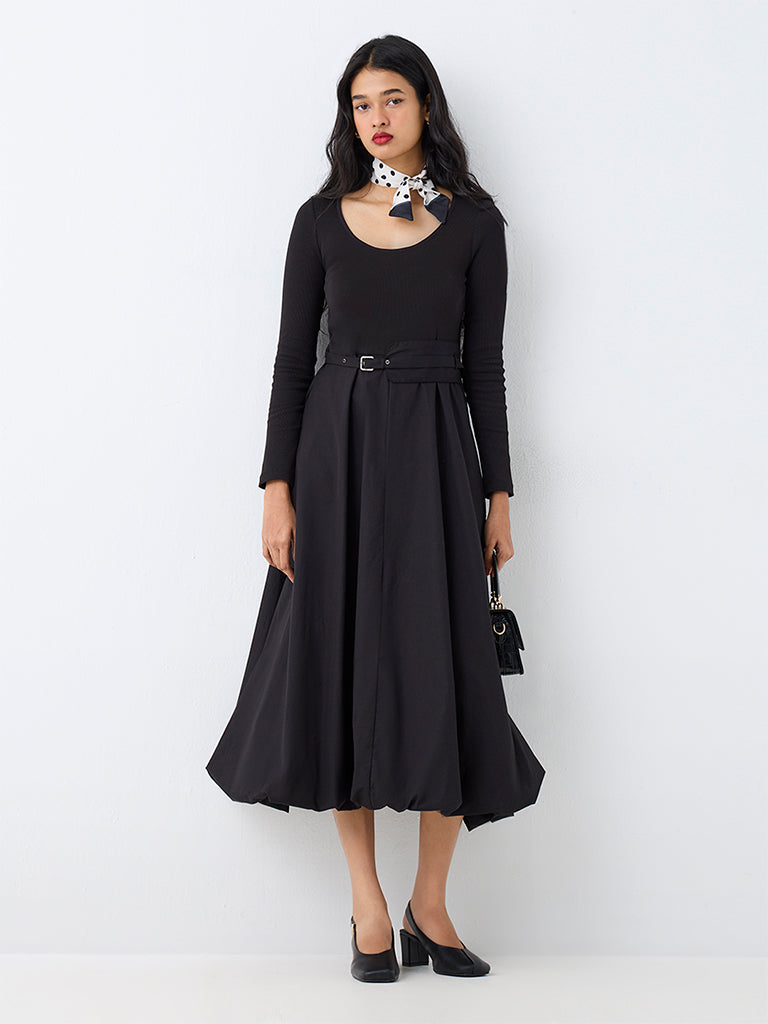 LOV Black Belt-Detail Cotton-Blend Bubble Dress