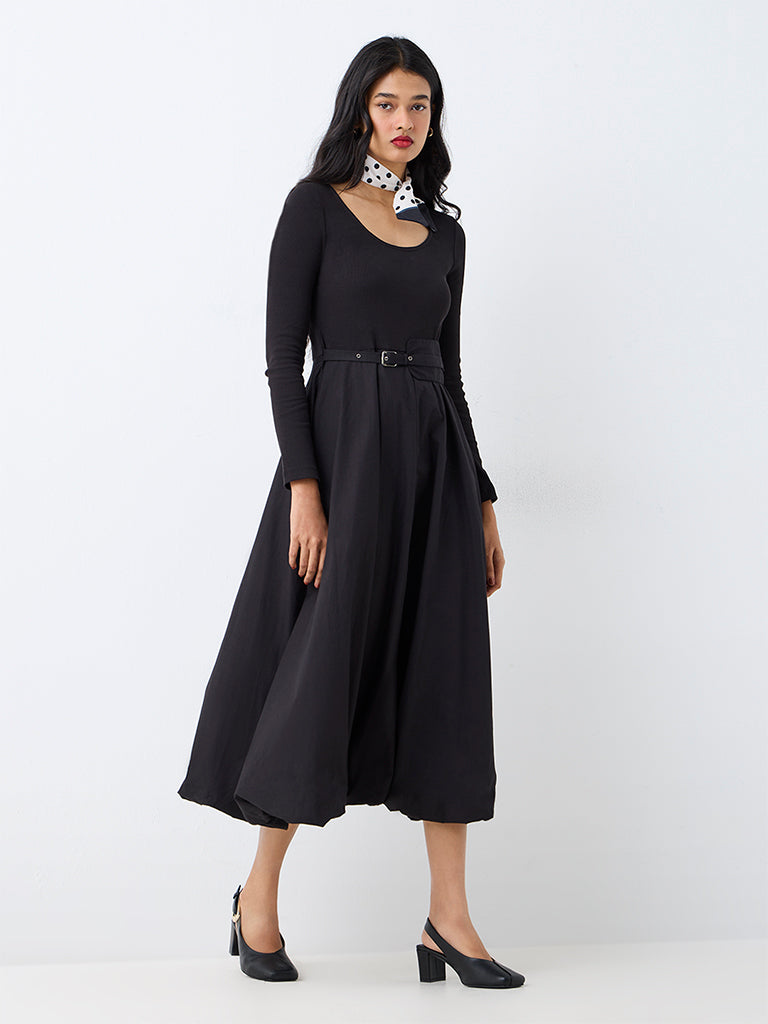LOV Black Belt-Detail Cotton-Blend Bubble Dress