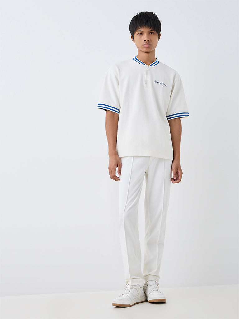 Nuoflexx Off-White Text-Design Quarter-Zip Relaxed-Fit Cotton-Blend T-Shirt