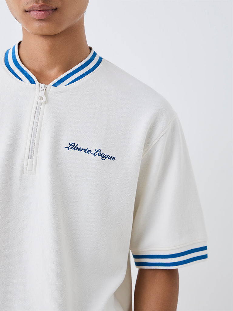 Nuoflexx Off-White Text-Design Quarter-Zip Relaxed-Fit Cotton-Blend T-Shirt