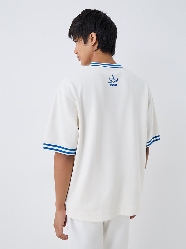 Nuoflexx Off-White Text-Design Quarter-Zip Relaxed-Fit Cotton-Blend T-Shirt