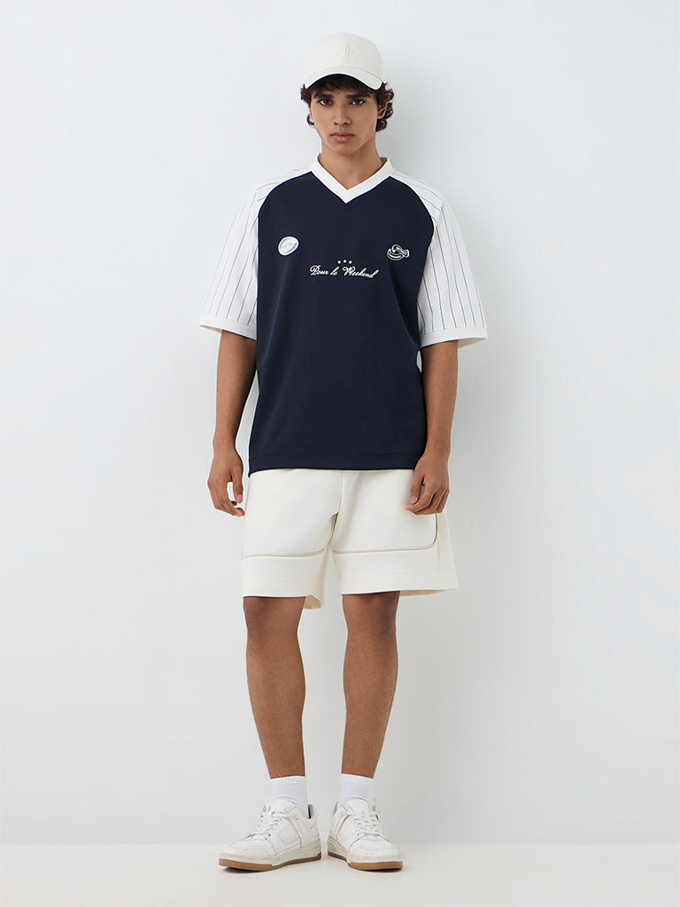 Nuoflexx Navy Printed Relaxed-Fit Cotton-Blend T-Shirt