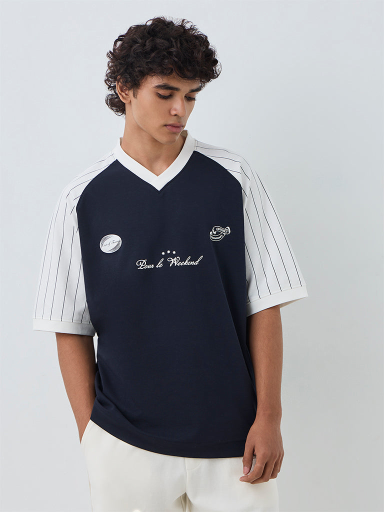 Nuoflexx Navy Printed Relaxed-Fit Cotton-Blend T-Shirt