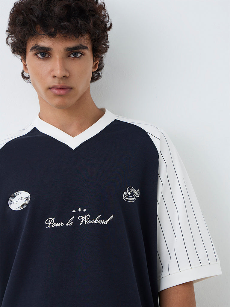 Nuoflexx Navy Printed Relaxed-Fit Cotton-Blend T-Shirt