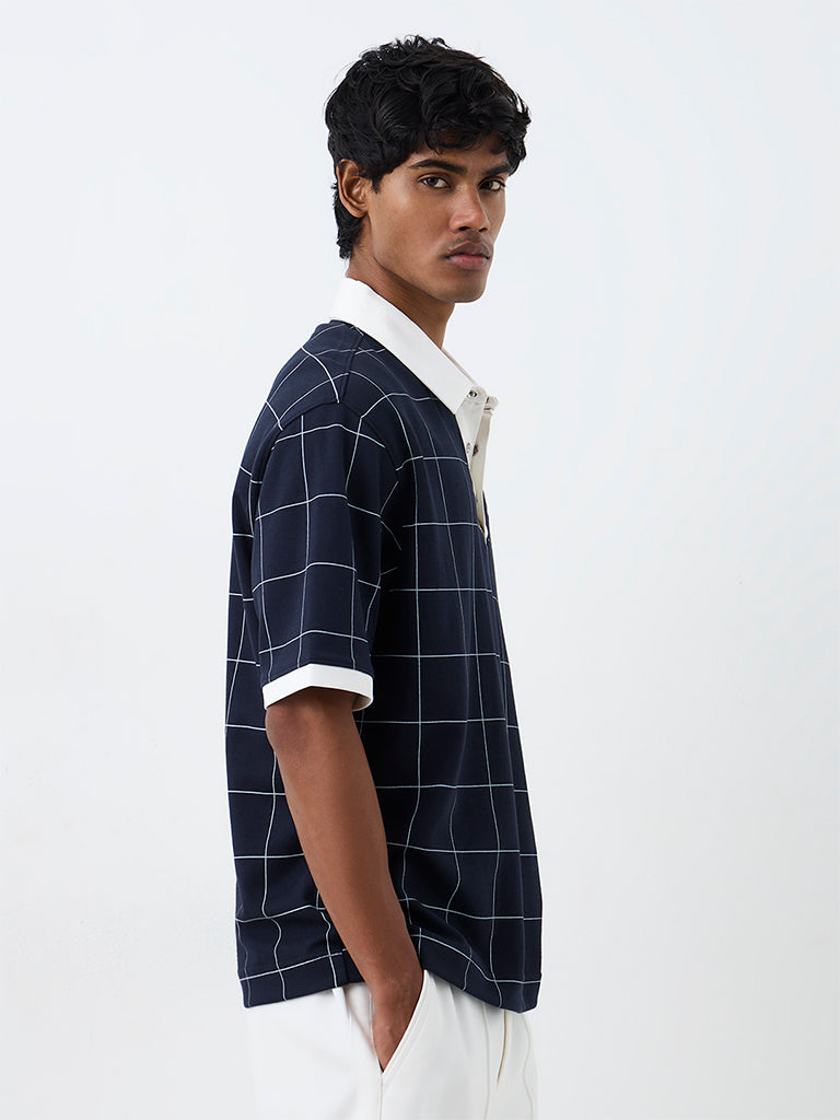 Nuoflexx Navy Checkered Relaxed-Fit Cotton-Blend Polo T-Shirt
