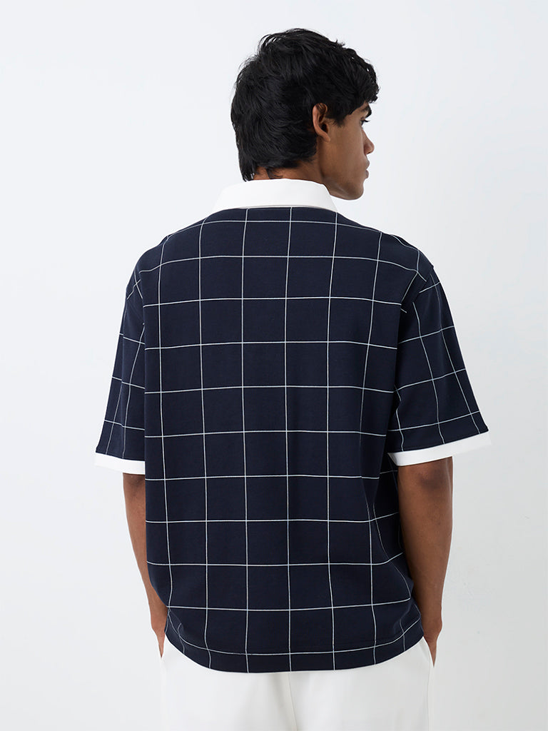 Nuoflexx Navy Checkered Relaxed-Fit Cotton-Blend Polo T-Shirt