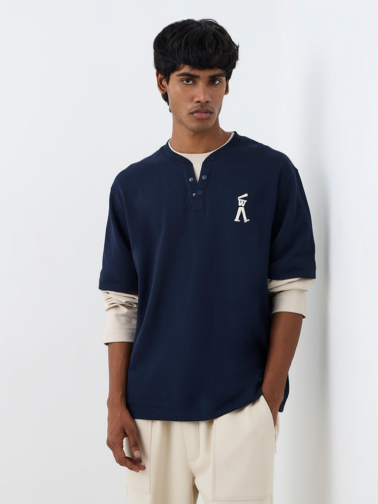 Nuoflexx Navy Typographic Relaxed-Fit Cotton-Blend T-Shirt