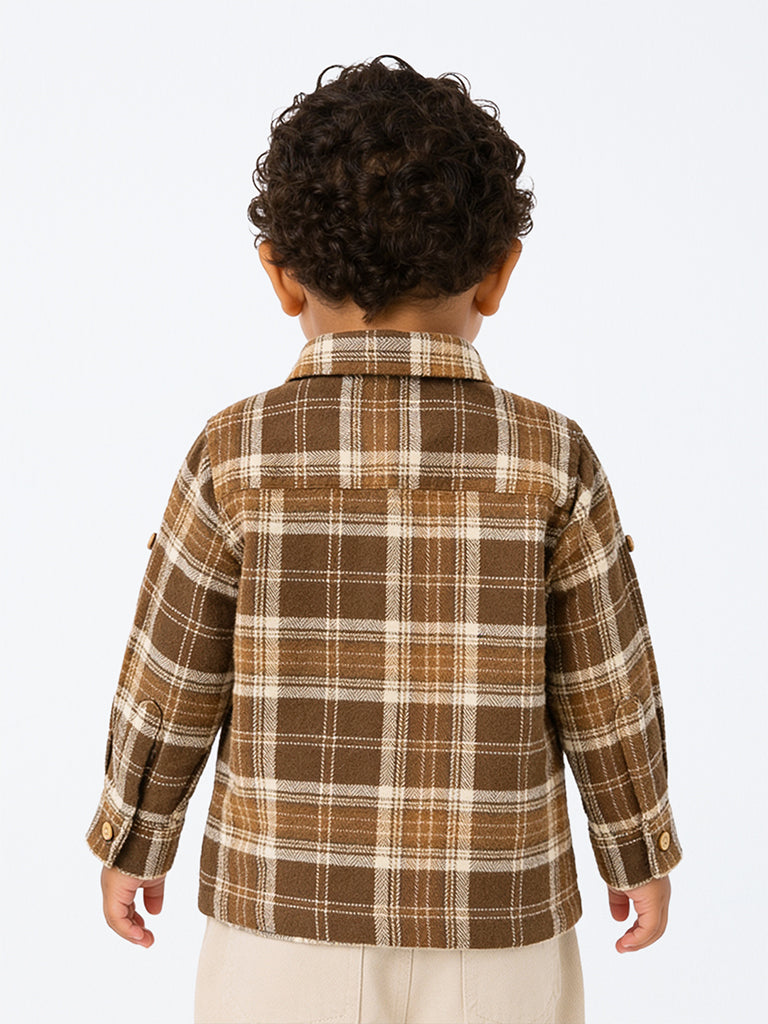 HOP Baby Boys Brown Checkered Cotton Shirt