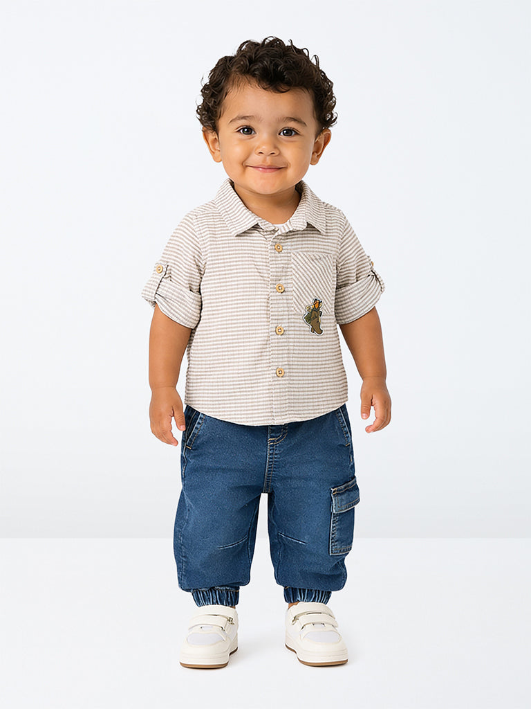 HOP Baby Boys Beige Checkered Cotton Shirt with Attached T-Shirt