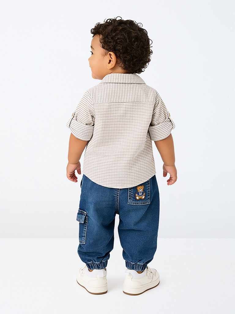 HOP Baby Boys Beige Checkered Cotton Shirt with Attached T-Shirt
