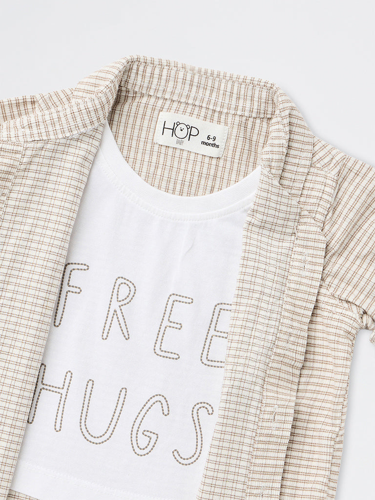 HOP Baby Boys Beige Checkered Cotton Shirt with Attached T-Shirt