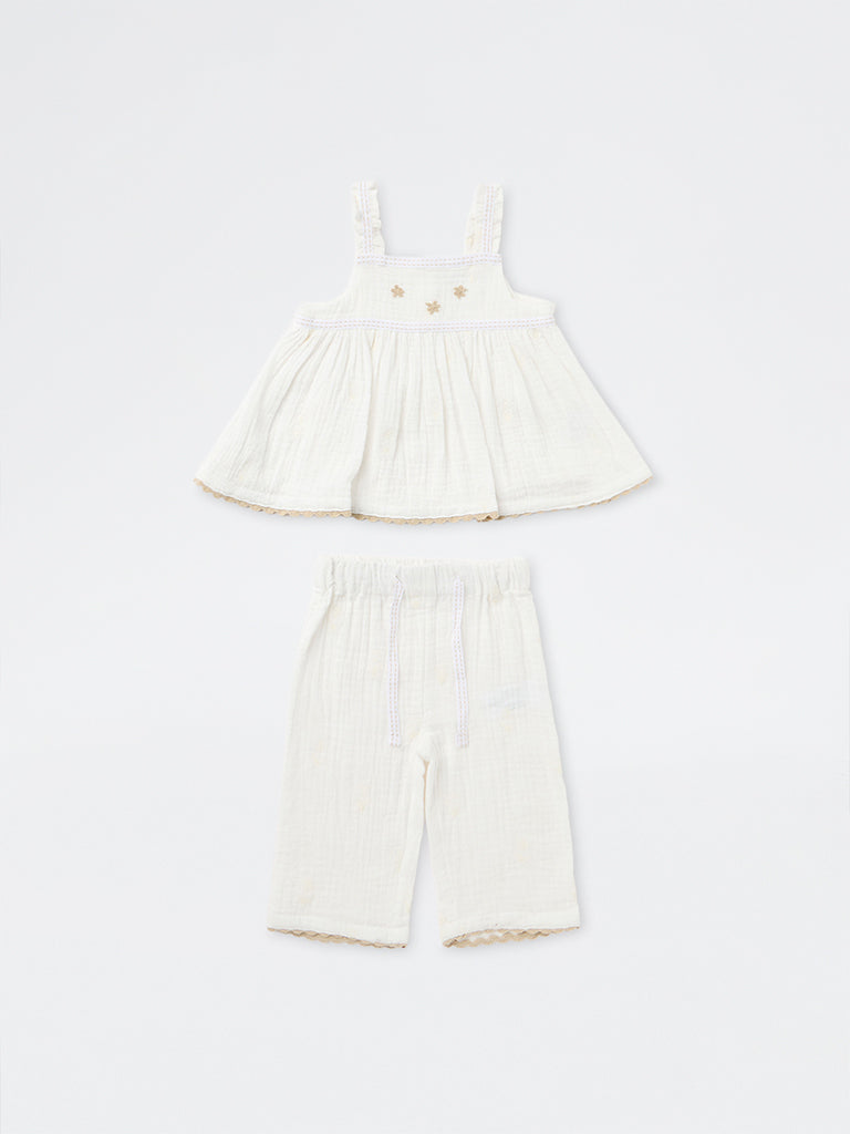 HOP Baby Girls Off-White Crinkle-Textured Cotton Top and Pants Set