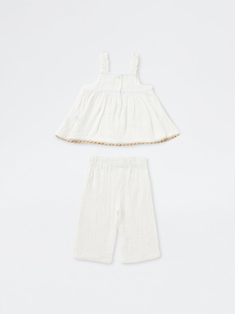 HOP Baby Girls Off-White Crinkle-Textured Cotton Top and Pants Set