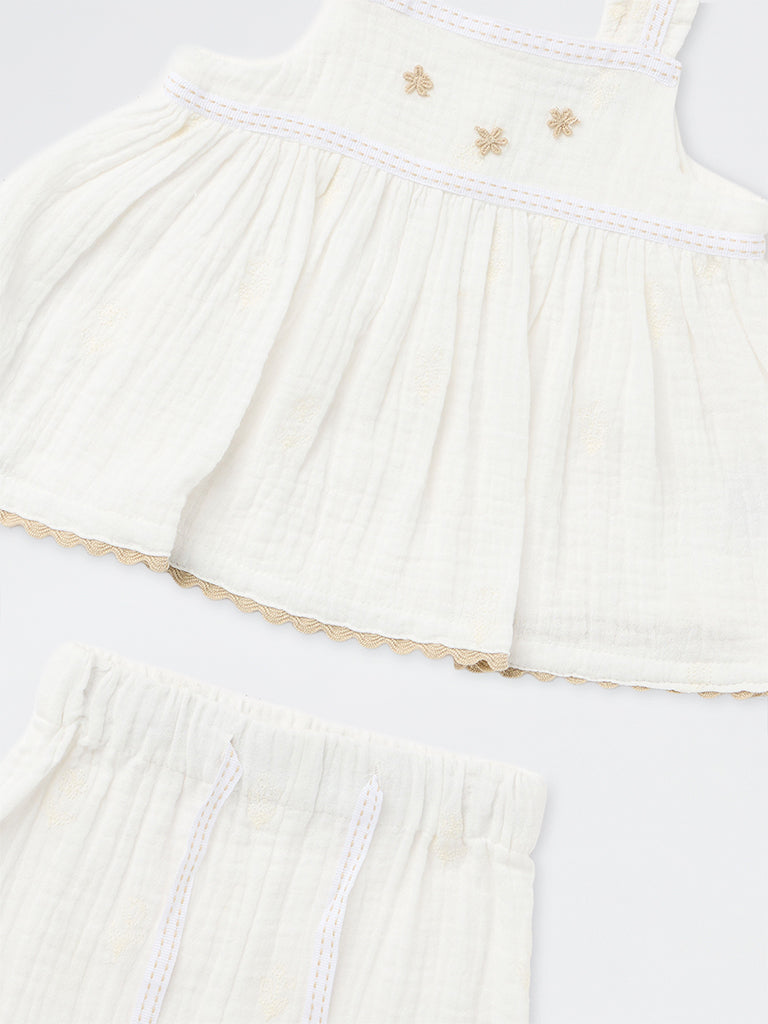 HOP Baby Girls Off-White Crinkle-Textured Cotton Top and Pants Set