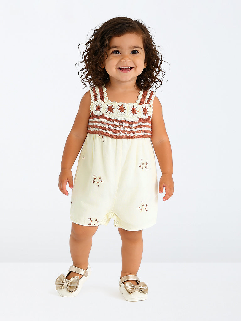 HOP Baby Girls Off-White Floral Embroidered Romper
