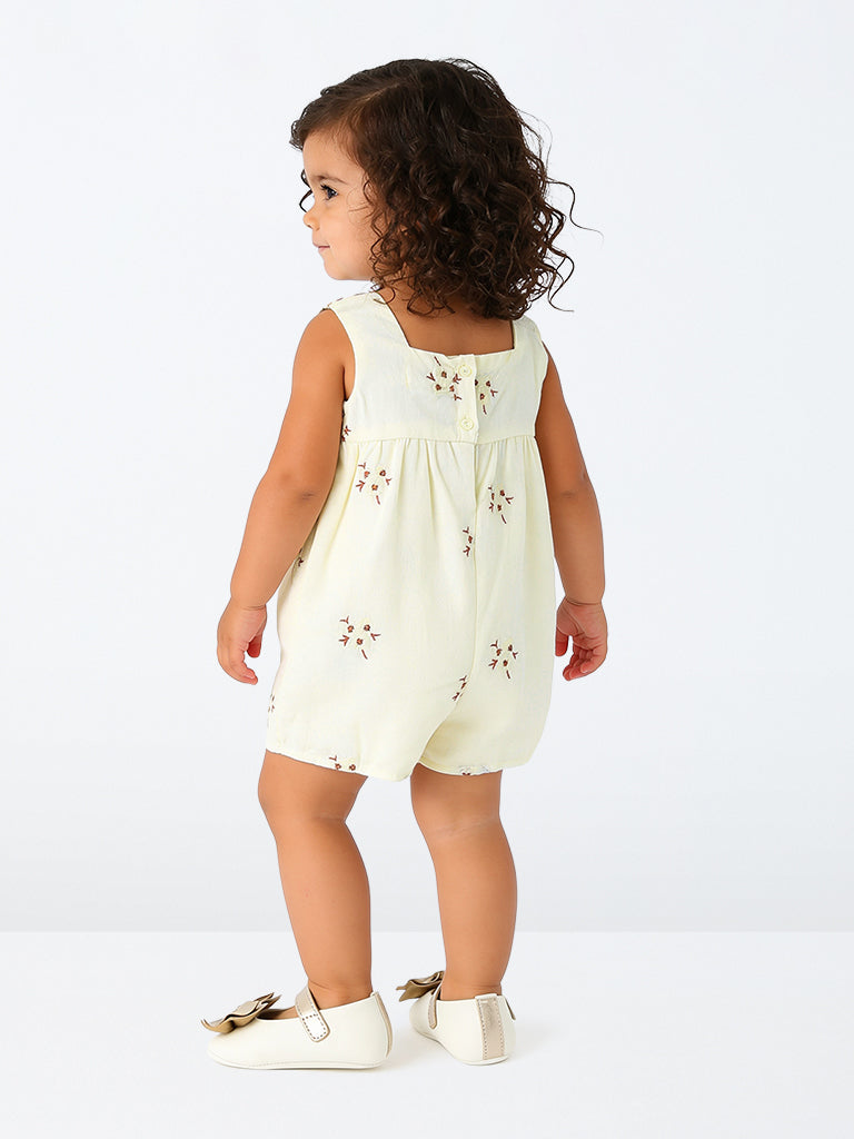 HOP Baby Girls Off-White Floral Embroidered Romper
