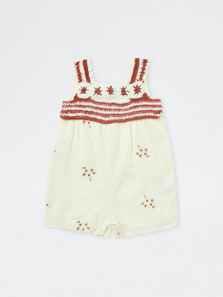 HOP Baby Girls Off-White Floral Embroidered Romper