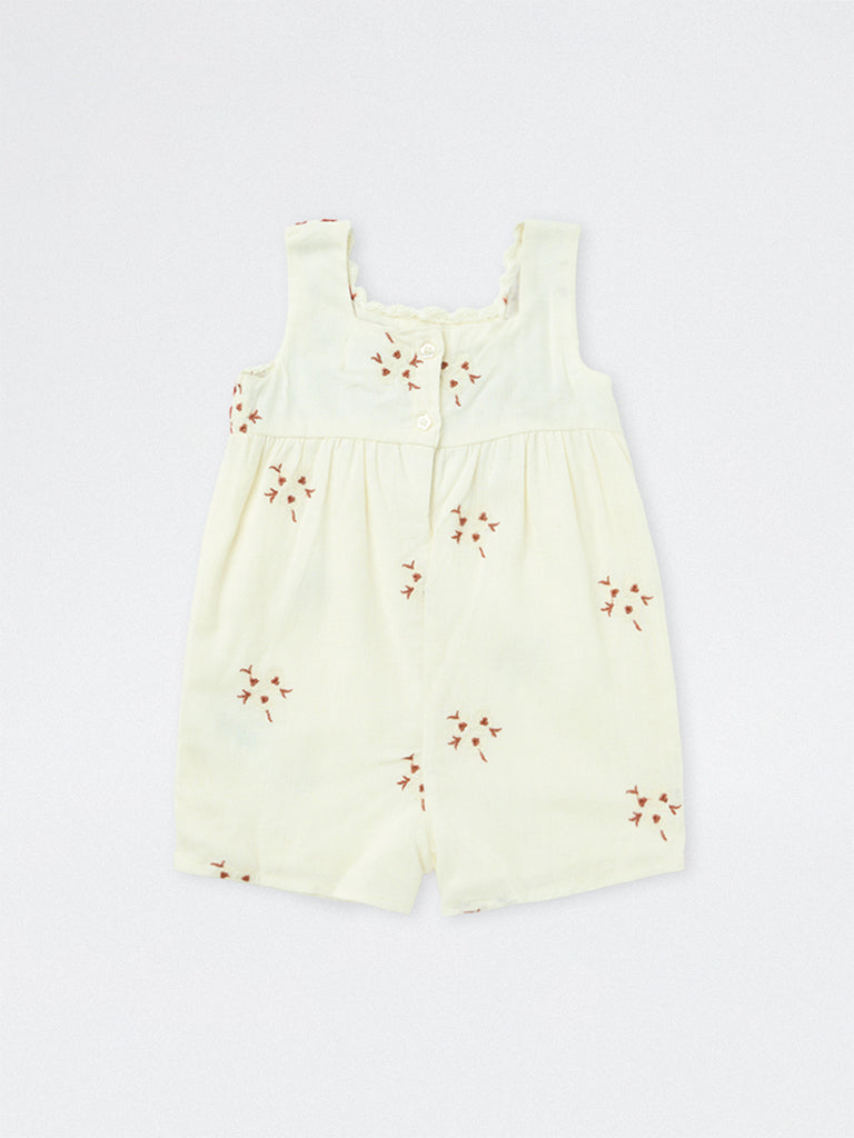 HOP Baby Girls Off-White Floral Embroidered Romper