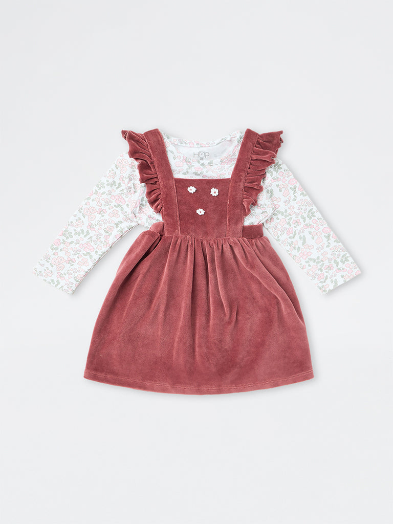 HOP Baby Girls Red Floral Applique Cotton-Blend Pinafore with T-Shirt Set
