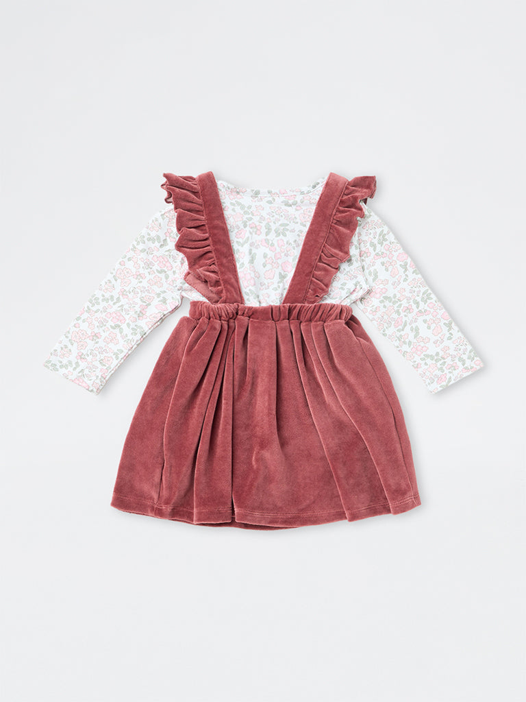 HOP Baby Girls Red Floral Applique Cotton-Blend Pinafore with T-Shirt Set